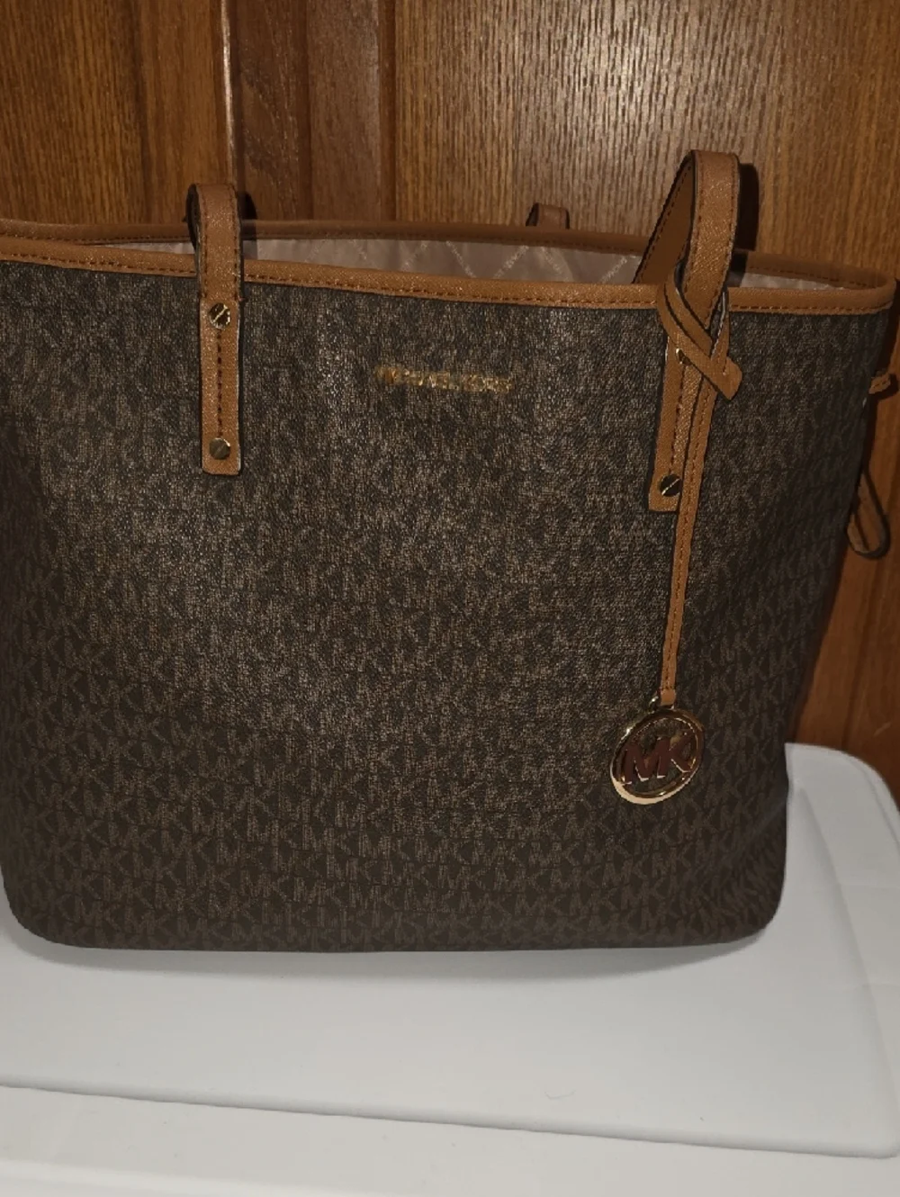 Michael Kors Brown Jet SetTote with Tan Trim and Gold Hardware